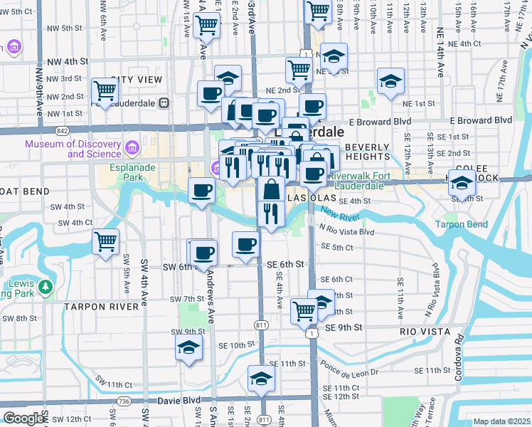 map of restaurants, bars, coffee shops, grocery stores, and more near 200 North New River Drive East in Fort Lauderdale