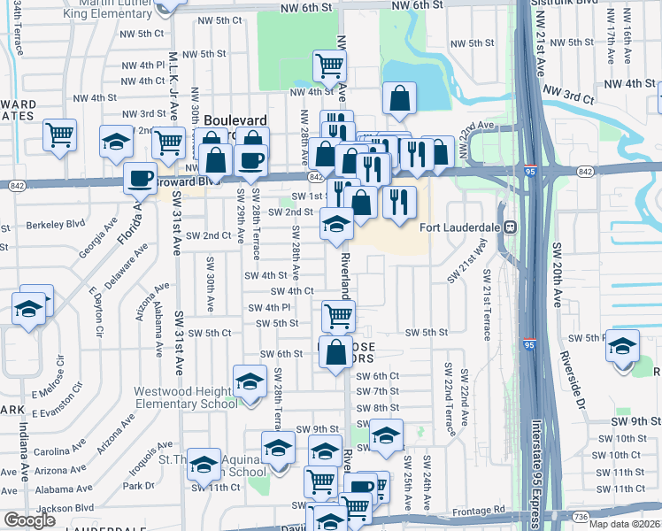 map of restaurants, bars, coffee shops, grocery stores, and more near 325 Southwest 27th Avenue in Fort Lauderdale