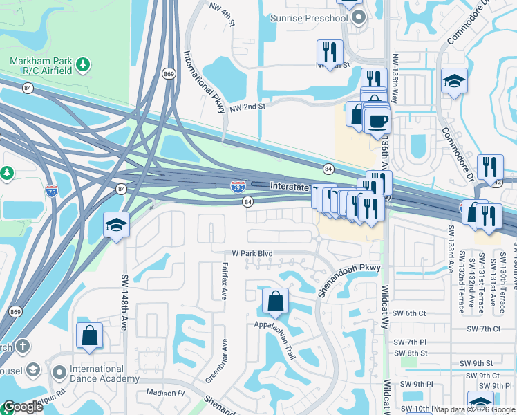 map of restaurants, bars, coffee shops, grocery stores, and more near 14147 North Forest Oak Circle in Davie