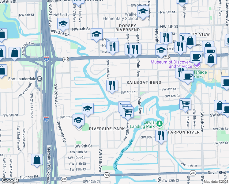 map of restaurants, bars, coffee shops, grocery stores, and more near 1348 Southwest 3rd Court in Fort Lauderdale