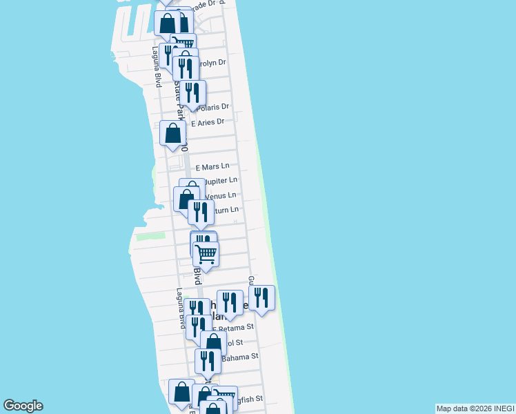map of restaurants, bars, coffee shops, grocery stores, and more near 4400 Gulf Boulevard in South Padre Island