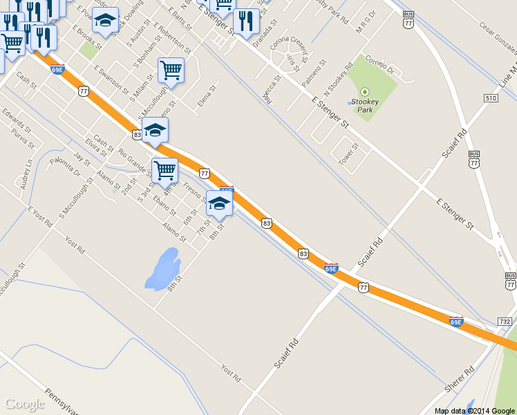 map of restaurants, bars, coffee shops, grocery stores, and more near East Expressway 83 in San Benito