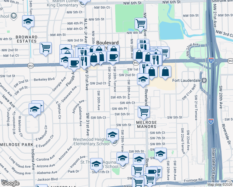 map of restaurants, bars, coffee shops, grocery stores, and more near 351 Southwest 28th Terrace in Fort Lauderdale