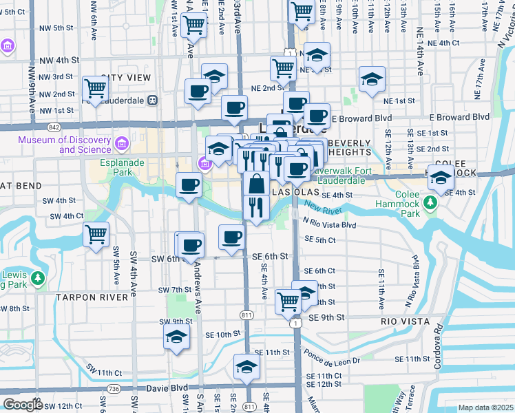 map of restaurants, bars, coffee shops, grocery stores, and more near 411 South New River Drive East in Fort Lauderdale