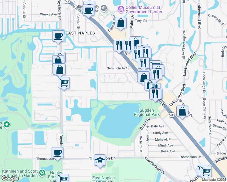 map of restaurants, bars, coffee shops, grocery stores, and more near 3405 Goldie Lane in Naples