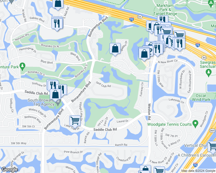 map of restaurants, bars, coffee shops, grocery stores, and more near 16325 Golf Club Road in Weston