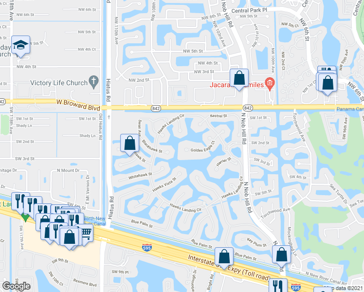 map of restaurants, bars, coffee shops, grocery stores, and more near 10691 Golden Eagle Court in Plantation