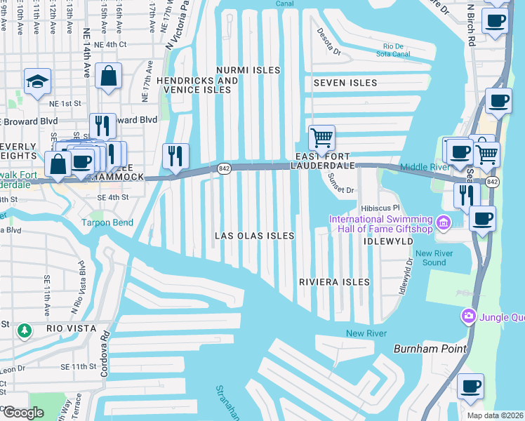 map of restaurants, bars, coffee shops, grocery stores, and more near 408 Coral Way in Fort Lauderdale