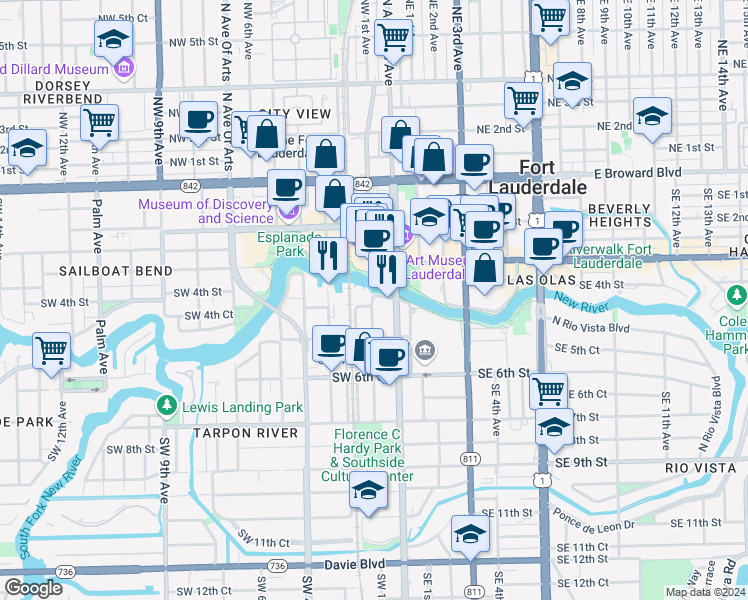 map of restaurants, bars, coffee shops, grocery stores, and more near 401 Southwest 1st Avenue in Fort Lauderdale
