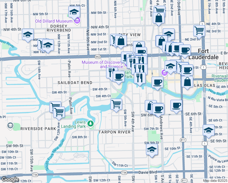 map of restaurants, bars, coffee shops, grocery stores, and more near 600 West Las Olas Boulevard in Fort Lauderdale