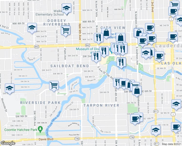 map of restaurants, bars, coffee shops, grocery stores, and more near 723 Southwest 4th Street in Fort Lauderdale
