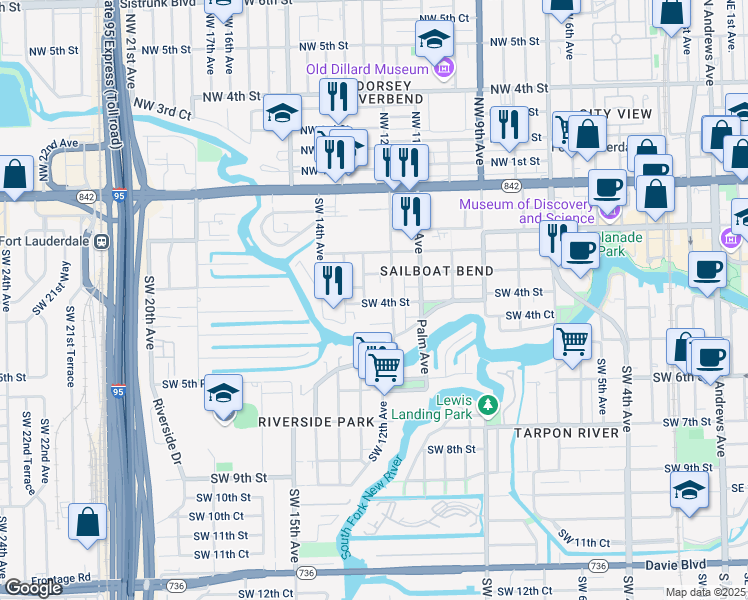 map of restaurants, bars, coffee shops, grocery stores, and more near 1242 West Las Olas Boulevard in Fort Lauderdale