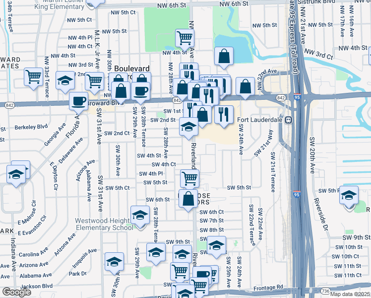 map of restaurants, bars, coffee shops, grocery stores, and more near 325 Southwest 27th Avenue in Fort Lauderdale