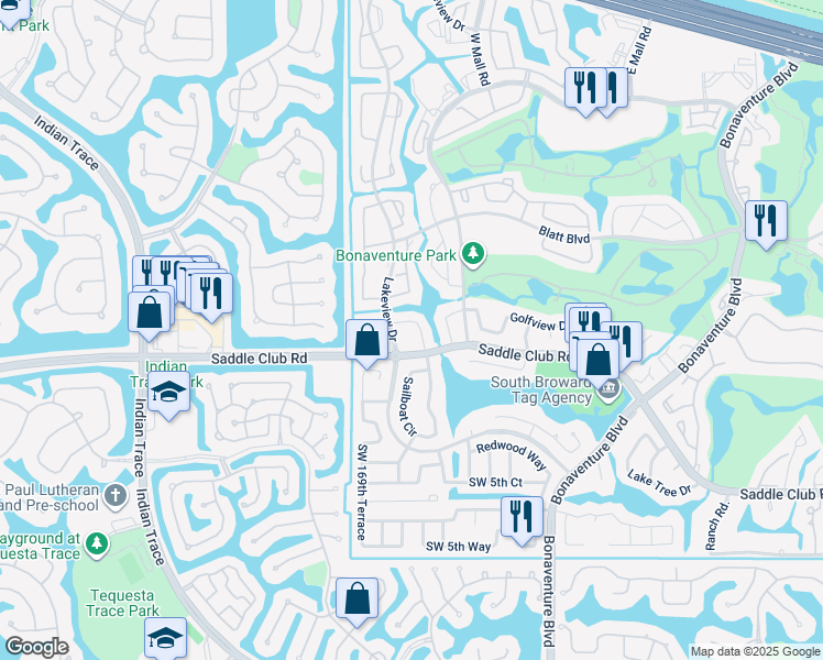 map of restaurants, bars, coffee shops, grocery stores, and more near 448 Lakeview Drive in Weston
