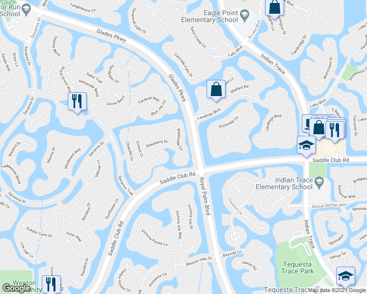 map of restaurants, bars, coffee shops, grocery stores, and more near 1017 Waterside Circle in Weston