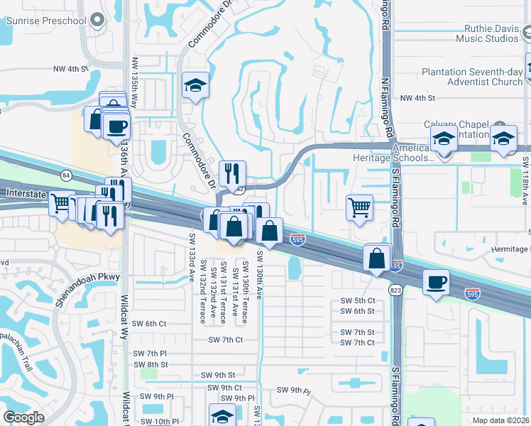 map of restaurants, bars, coffee shops, grocery stores, and more near 129 Riverwalk Circle East in Plantation