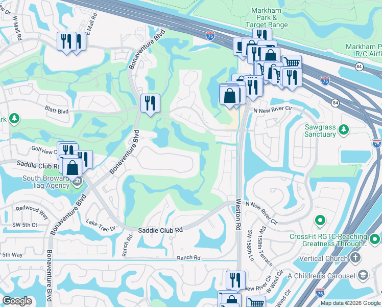 map of restaurants, bars, coffee shops, grocery stores, and more near 16251 Golf Club Road in Weston