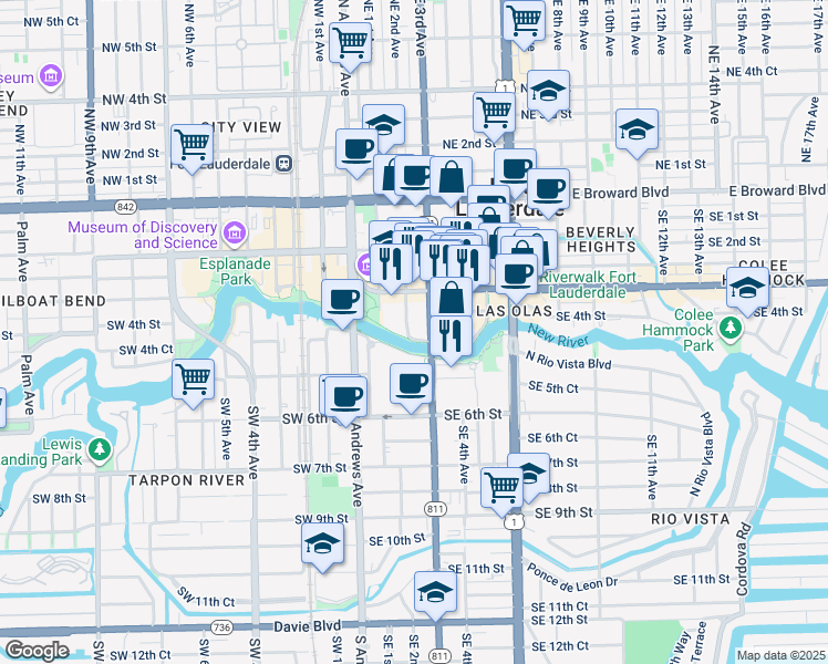 map of restaurants, bars, coffee shops, grocery stores, and more near 215 North New River Drive East in Fort Lauderdale