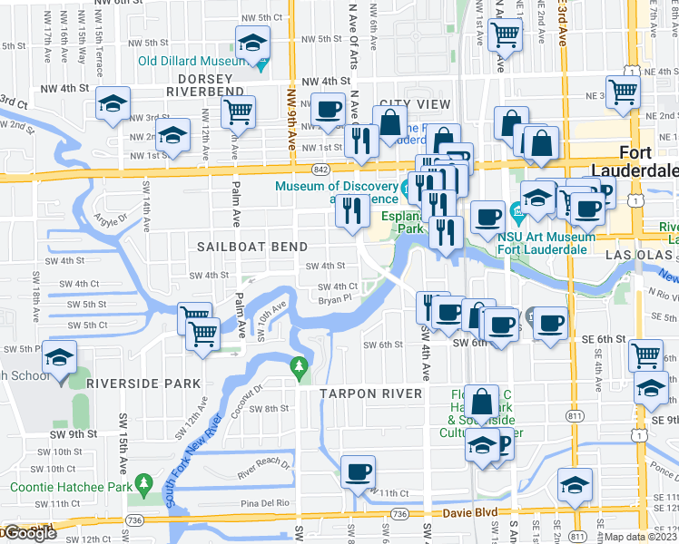 map of restaurants, bars, coffee shops, grocery stores, and more near 728 Tequesta Street in Fort Lauderdale