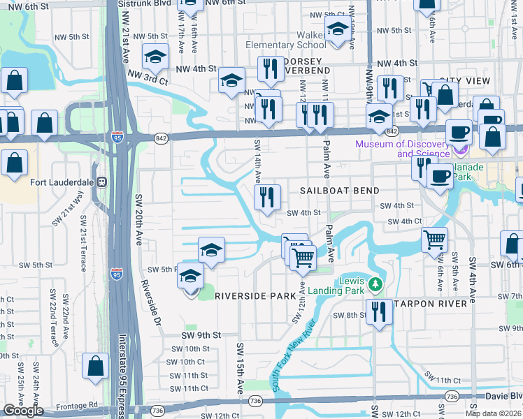 map of restaurants, bars, coffee shops, grocery stores, and more near 360 Southwest 14th Avenue in Fort Lauderdale