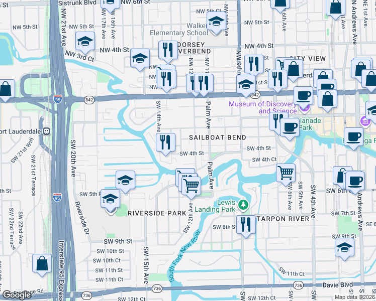 map of restaurants, bars, coffee shops, grocery stores, and more near 1205 Southwest 4th Street in Fort Lauderdale