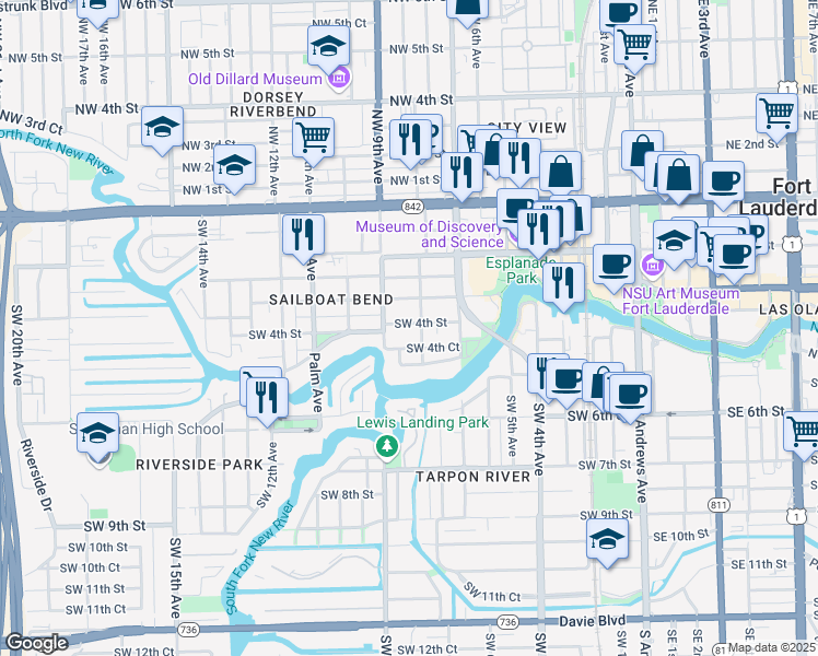 map of restaurants, bars, coffee shops, grocery stores, and more near 815 Southwest 4th Street in Fort Lauderdale