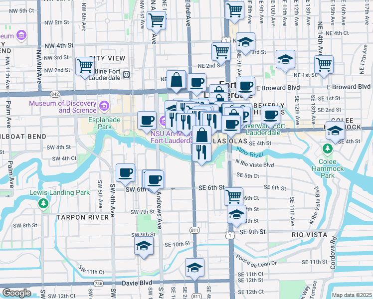 map of restaurants, bars, coffee shops, grocery stores, and more near 200 North New River Drive East in Fort Lauderdale