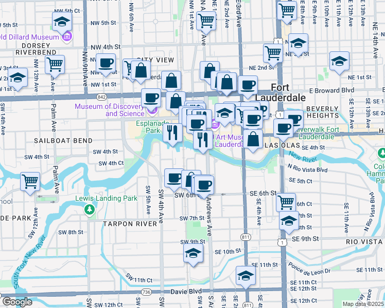 map of restaurants, bars, coffee shops, grocery stores, and more near 401 Southwest 1st Avenue in Fort Lauderdale