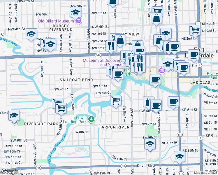 map of restaurants, bars, coffee shops, grocery stores, and more near 723 Southwest 4th Street in Fort Lauderdale