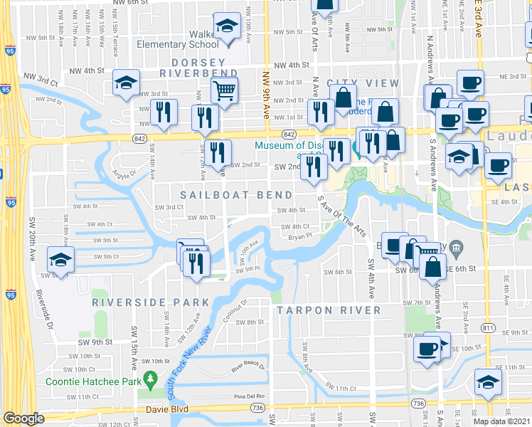 map of restaurants, bars, coffee shops, grocery stores, and more near 915 Southwest 4th Street in Fort Lauderdale