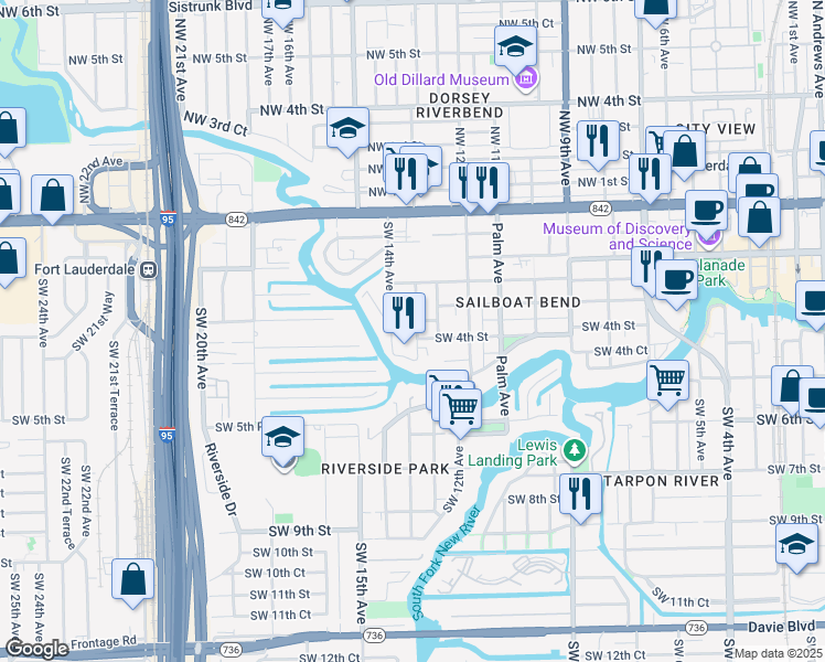 map of restaurants, bars, coffee shops, grocery stores, and more near 1348 Southwest 3rd Court in Fort Lauderdale