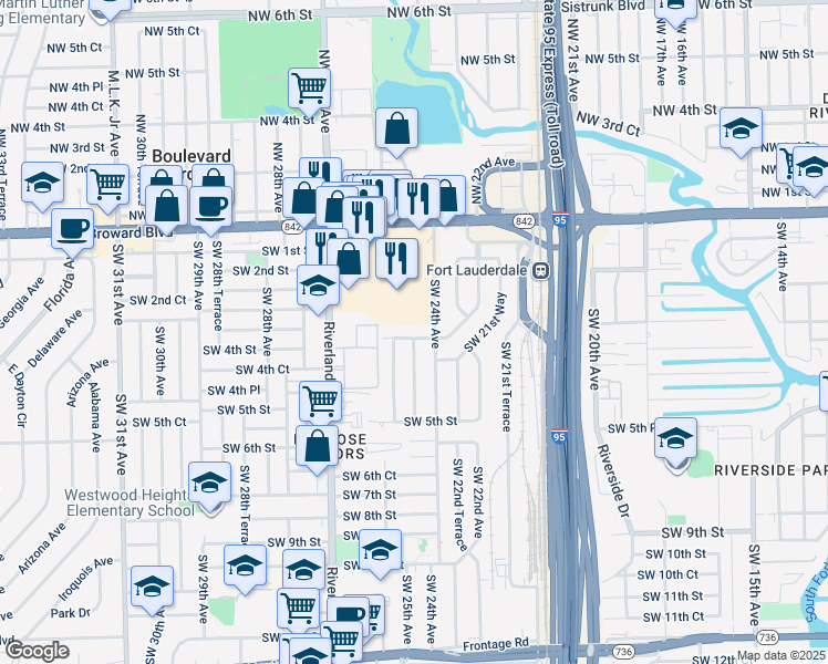 map of restaurants, bars, coffee shops, grocery stores, and more near 2511 Southwest 3rd Street in Fort Lauderdale