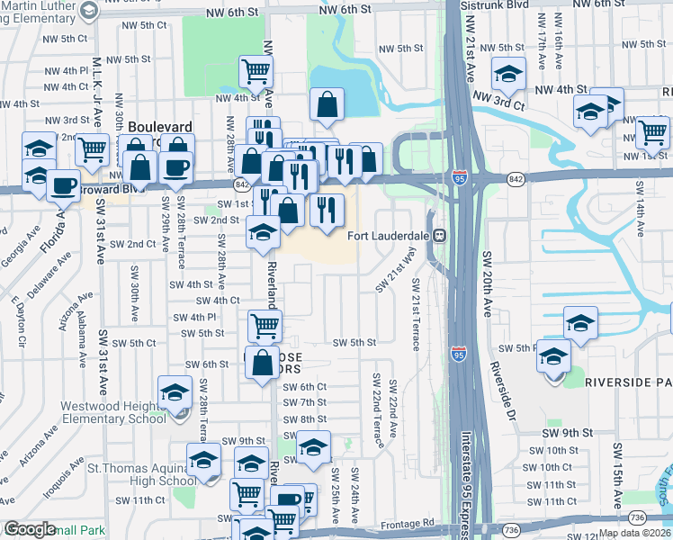 map of restaurants, bars, coffee shops, grocery stores, and more near 2511 Southwest 3rd Street in Fort Lauderdale