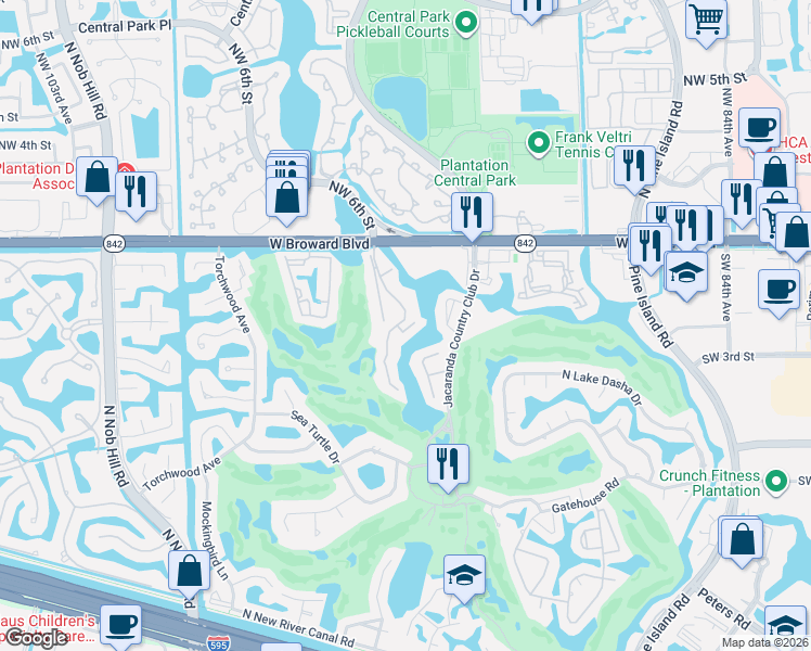 map of restaurants, bars, coffee shops, grocery stores, and more near 150 Southwest 94 Terrace in Plantation