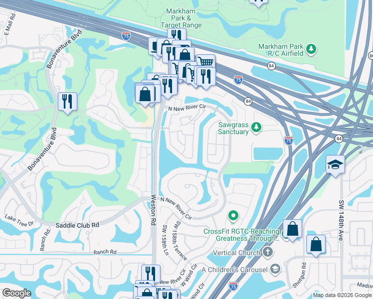 map of restaurants, bars, coffee shops, grocery stores, and more near 241 Southwest 159th Avenue in Sunrise