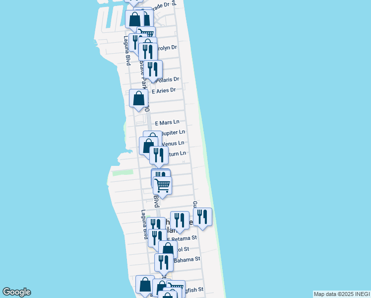 map of restaurants, bars, coffee shops, grocery stores, and more near 131 East Venus Lane in South Padre Island
