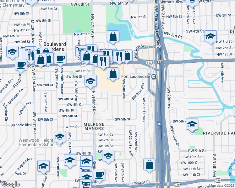 map of restaurants, bars, coffee shops, grocery stores, and more near 2511 Southwest 3rd Street in Fort Lauderdale