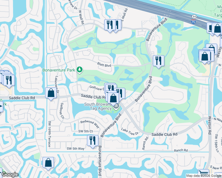 map of restaurants, bars, coffee shops, grocery stores, and more near 16673 Golfview Drive in Weston