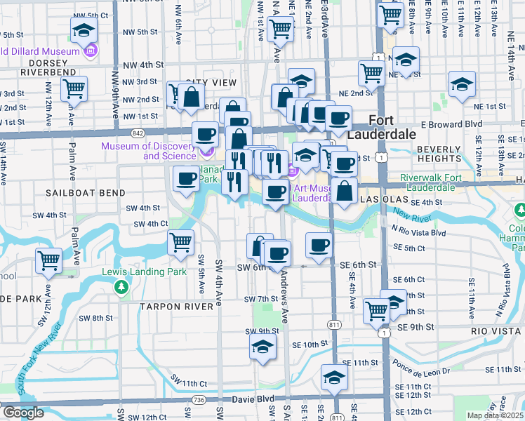 map of restaurants, bars, coffee shops, grocery stores, and more near 401 Southwest 1st Avenue in Fort Lauderdale
