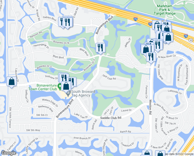 map of restaurants, bars, coffee shops, grocery stores, and more near 16475 Golf Club Road in Weston