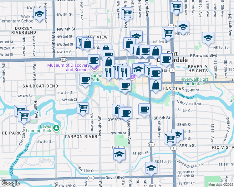 map of restaurants, bars, coffee shops, grocery stores, and more near 401 Southwest 1st Avenue in Fort Lauderdale