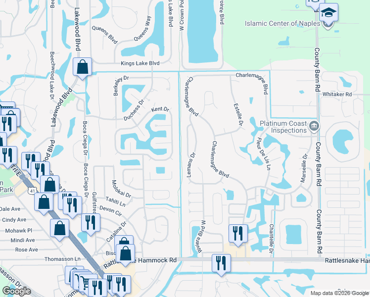 map of restaurants, bars, coffee shops, grocery stores, and more near 71 Lemans Drive in Naples
