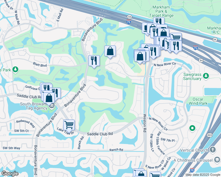map of restaurants, bars, coffee shops, grocery stores, and more near 16251 Golf Club Road in Weston