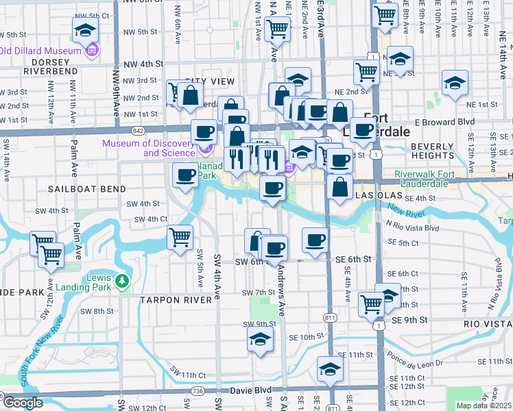 map of restaurants, bars, coffee shops, grocery stores, and more near 401 Southwest 1st Avenue in Fort Lauderdale