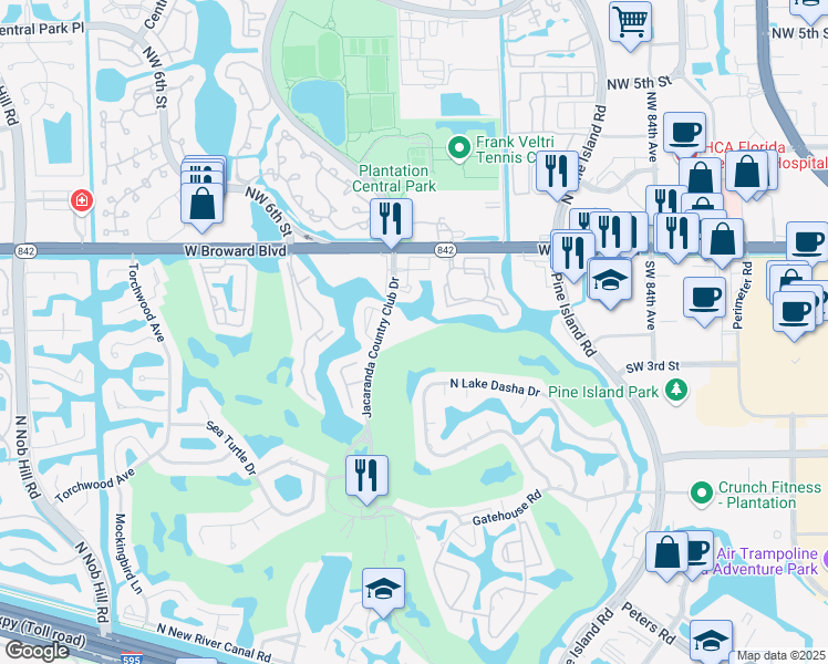 map of restaurants, bars, coffee shops, grocery stores, and more near 250 Jacaranda Country Club Drive in Plantation