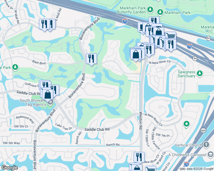 map of restaurants, bars, coffee shops, grocery stores, and more near 16251 Golf Club Road in Weston