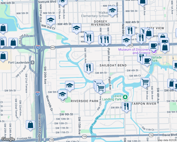 map of restaurants, bars, coffee shops, grocery stores, and more near 1348 Southwest 3rd Court in Fort Lauderdale