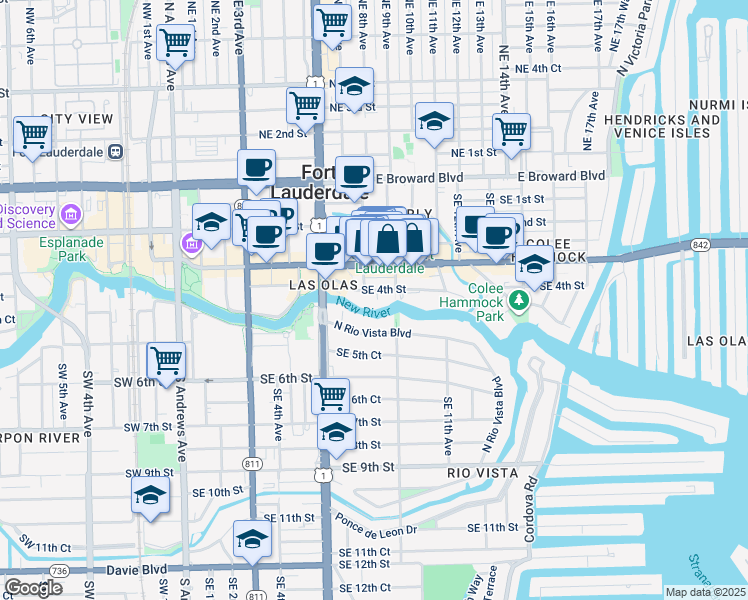map of restaurants, bars, coffee shops, grocery stores, and more near 828 Southeast 4th Street in Fort Lauderdale