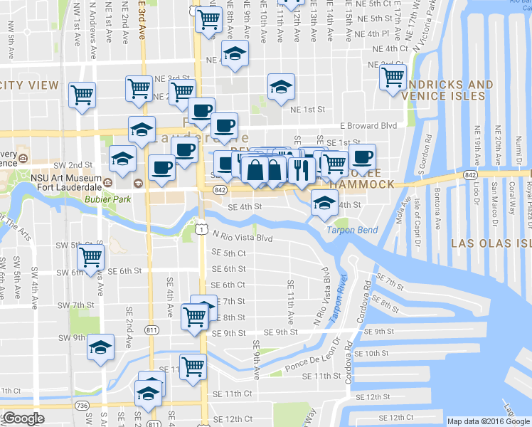 map of restaurants, bars, coffee shops, grocery stores, and more near 1010 Southeast 4th Street in Fort Lauderdale