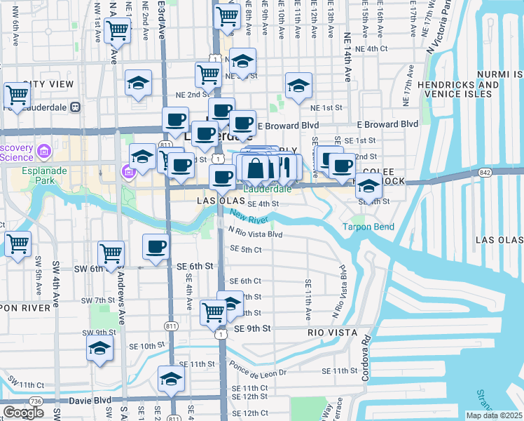 map of restaurants, bars, coffee shops, grocery stores, and more near 828 Southeast 4th Street in Fort Lauderdale